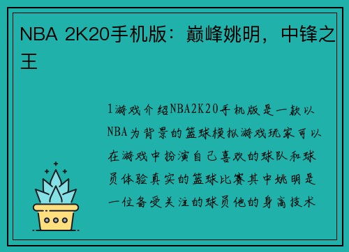 NBA 2K20手机版：巅峰姚明，中锋之王
